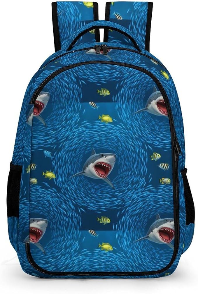 Casual Travel Laptop Backpack Shark Blue Ocean Printing, Lightweight Anti Theft Computer Bag with Large Capacity for Men Women College Work