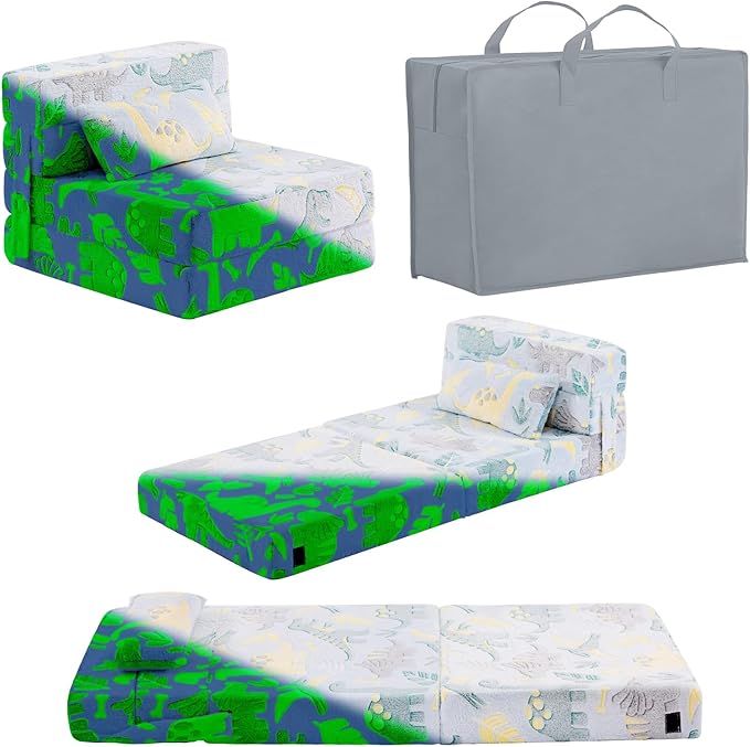 Folding Sofa Bed Floor Mattress for Kids with Pillow, Toddler Glow in Dark Washable Couch Folding Mat for Daycare, Child Dinosaur Chair with Storage Bag for Playroom, Camping, Green