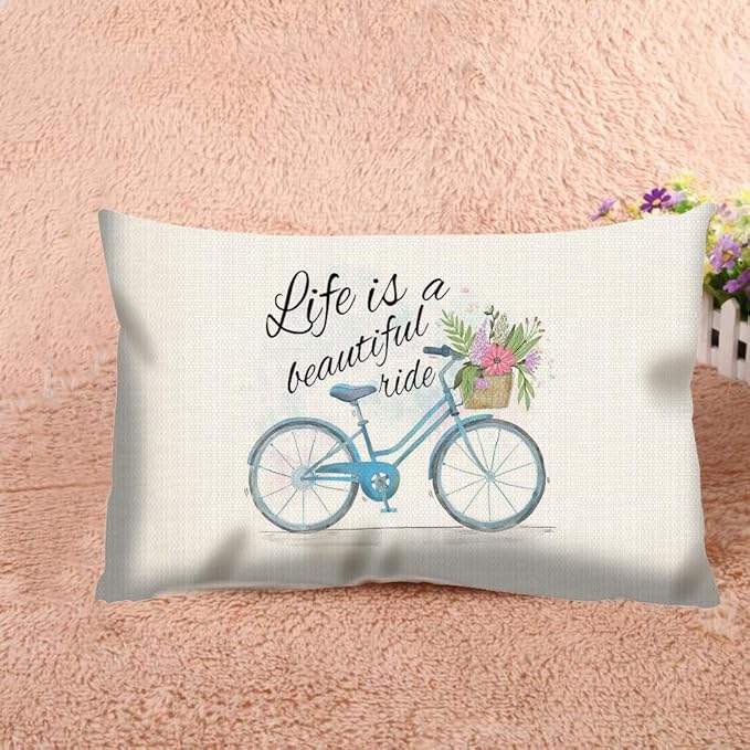 Throw Pillow Cover Life is A Beautyful Ride Sweet Love Bicycle Decorative Pillow Case Home Decor 20x12 Inches Pillowcase