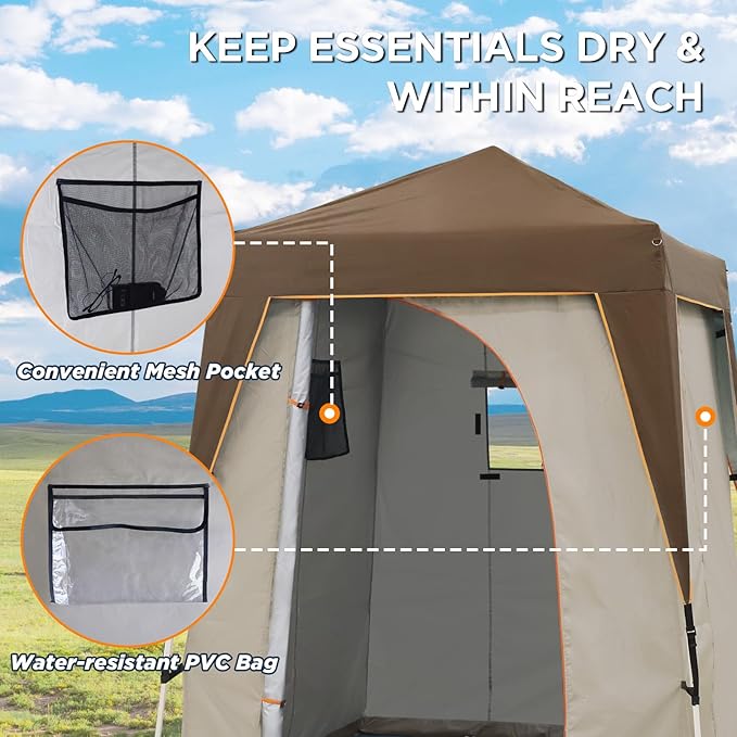 EAGLE PEAK 5x5 Pop Up Privacy Tent with Ground Mat, Portable Changing Room & Outdoor Shower Tent, Portable Canopy for Camping, Pool, Photoshoots or Toilet Shelters 6x6 Base 5x5 Top (Beige/Brown)