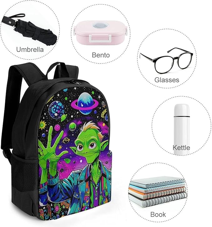 Supdreamc Daypack Bookbag Anti-Theft Multipurpose Large Capacity Bookbag, Psychedelic Space Alien Art Travel Hiking Camping Rucksack With Adjustable Shoulder Straps