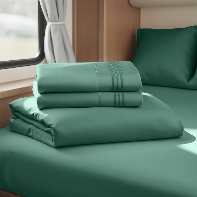 Hearth & Harbor Short Queen Sheets for RV, Forest Green RV Queen Sheets, Silky Soft 1800 Microfiber Bed Sheet for Camper, 4 Piece RV Bedding with Pillowcases