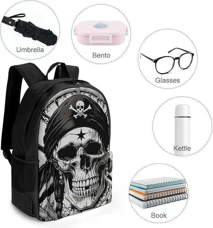Women Men Polyester 3D Pirate Skull Casual Daypack Large Capacity Bookbag With Side Pockets for Sports Picnic Walking Cycling