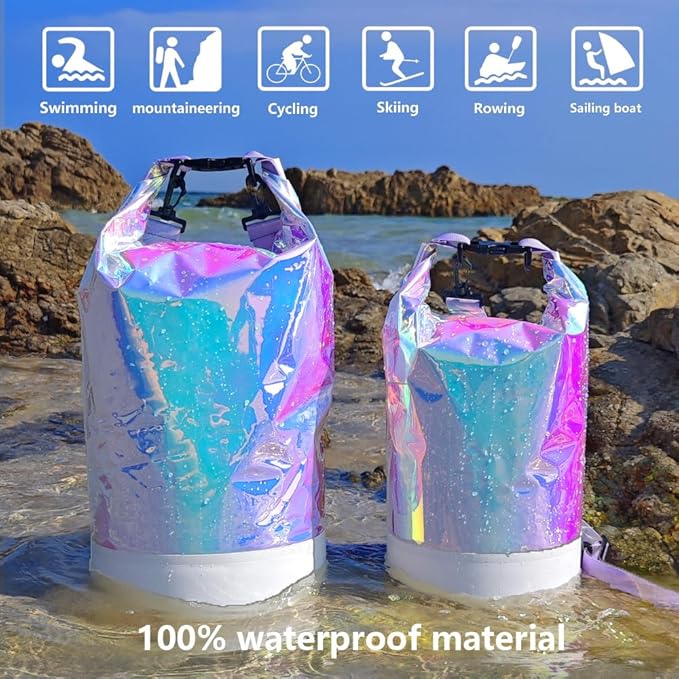 10L PVC Holographic Waterproof Dry Bag, Double Shoulder Strap Beach Swimming Backpack, Crossbody Waterproof Bucket Bag for Kayaking, Boating, and Outdoor Sports (10L)