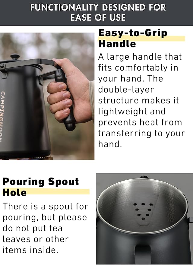 CAMPINGMOON 1.5L Campfire Kettle Stainless Steel Camping Kettle Black BKSW-6