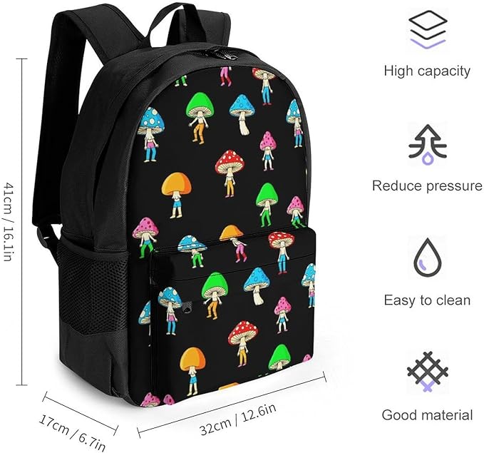 Supdreamc Men Women Polyester Funny Various Mushrooms Gnomes Art Backpack Large Capacity Bookbag With Smooth Zippers for Climbing Picnic Bicycle