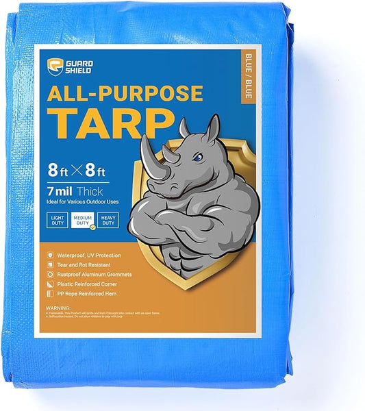 GUARD SHIELD Blue Tarp Waterproof 8x8 Feet Medium Duty All Purpose Poly Tarps Cover 7mil