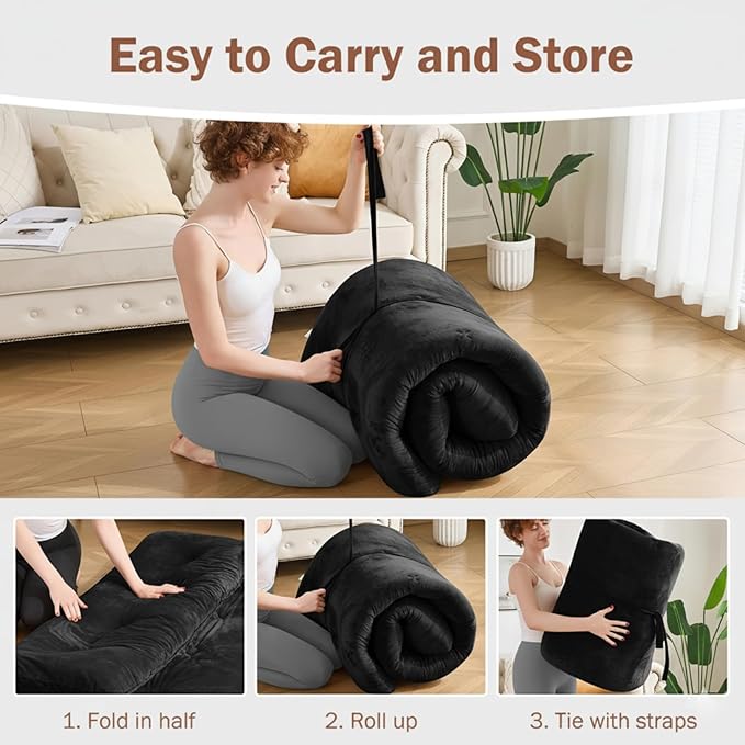 Japanese Floor Futon Mattress Twin Size 38"x 80", 2.5'' Thick Foldable Roll Up Floor Bed Sleeping Pad, 25D Foam Filled Tatami Mat with Straps for Guest Room, Dormitory & Camping, Classic Black