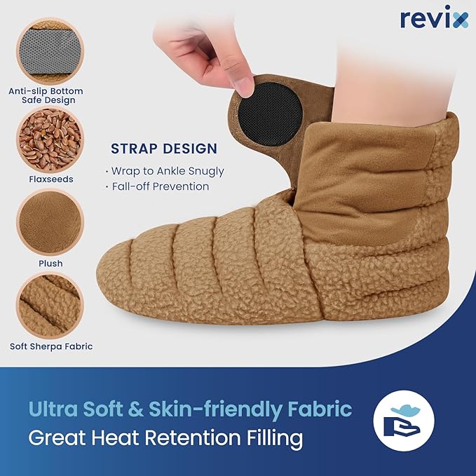 REVIX Microwavable Booties for Cold Feet with Moist Heat Therapy, Hot Feet Warmers for Relieving Foot Stiffness, Adjustable Fit & Non-Slip Heated Slippers for Women & Men, Mocha S