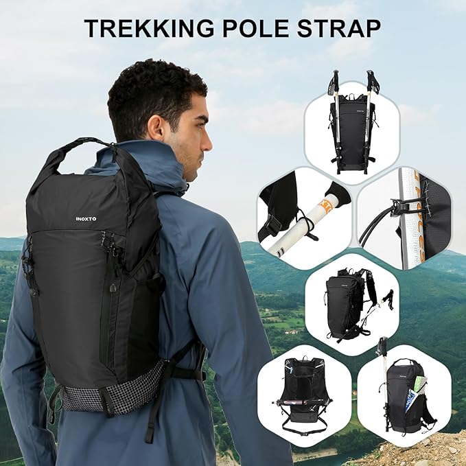 IX INOXTO Hiking Backpack 15L/22L Ultra Lightweight Packable Travel Backpack Small Waterproof Foldable Outdoor Day Pack with Two 500ML soft flasks for Men Women (Black)