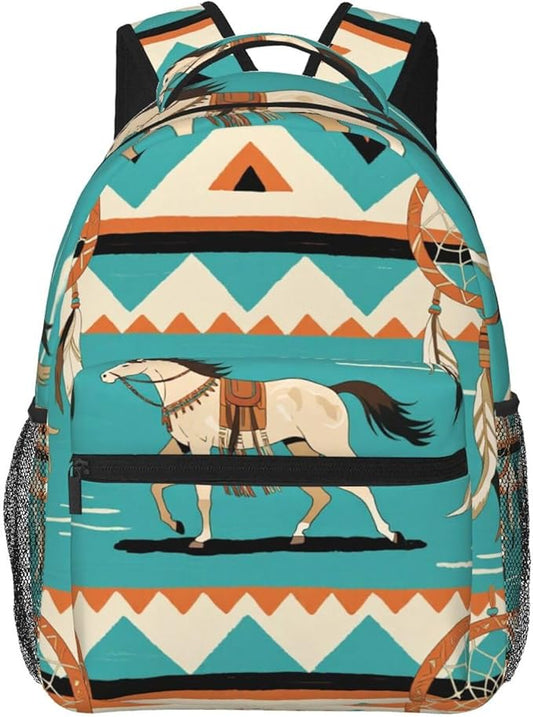 Men Women Lightweight Southwest Native American Ethnic Horse Dreamcatcher Art Backpack Large Capacity Carry On Bag With Padded Straps for Sports Work Walking Cycling