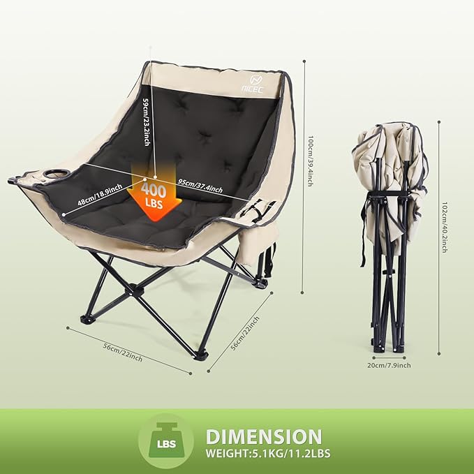 Nice C Padded Camping Chair, Oversized Camping Chairs, Oversized Thick Padded Folding Chairs, Outdoor Sports Chair, Heavy Duty, with Cooler Bag, Cup Holder, Side Pockets (1 Pack)