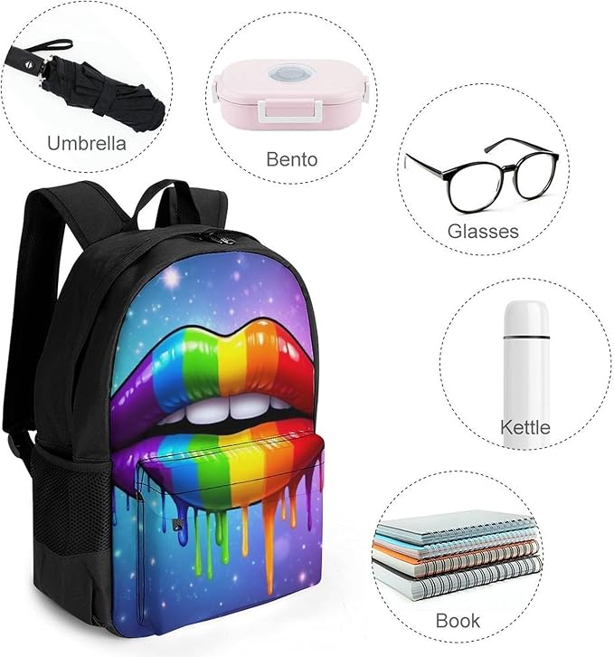 Polyester Daypack Bookbag for Gym Business Bicycle, Large Capacity Multipurpose Anti-Theft Carry On Bag, Lgbt Gay Homosexual Lesbian Rainbow Lips Travel Hiking Daypack