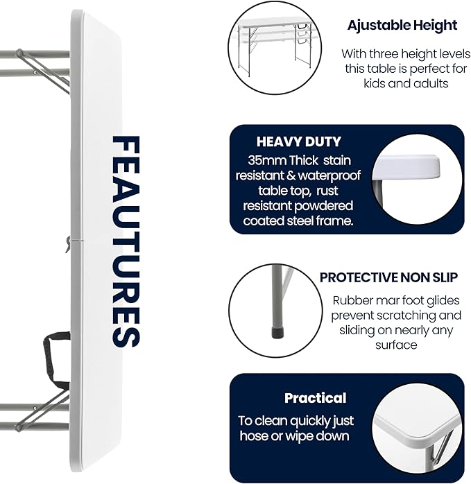 BTEXPERT Set of 2, 4 Feet Plastic Folding Table Height Adjustable Portable Carrying Handle Indoor Outdoor Picnic Camping Office Home Party, White, Fold in Half