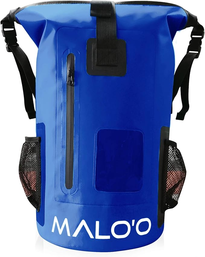 Malo’o DryPack 30L Waterproof Backpack, Roll-Top Dry Bag Backpack with Padded Straps, Floating Design for Beach, Kayaking, Fishing, Boating, Travel, and Water Sports, Dark Blue