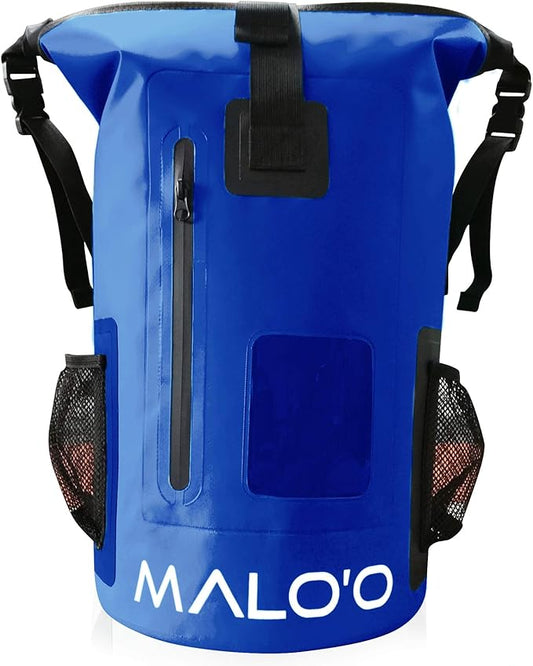Malo’o DryPack 30L Waterproof Backpack, Roll-Top Dry Bag Backpack with Padded Straps, Floating Design for Beach, Kayaking, Fishing, Boating, Travel, and Water Sports, Dark Blue
