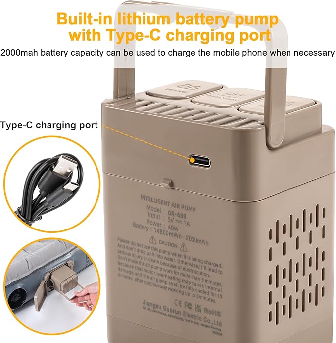 KMZ Portable SUV Air Mattress - Built-in Electric Pump for Fast Inflation - Soft Flocked Surface Car Bed - Ideal for Road Trips & Outdoor Camping - Grey