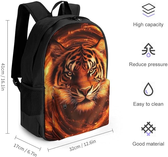 Daypack Backpack Multipurpose Anti-Theft Large Capacity Bookbag, Wild Angry Animal King Fire Flame Tiger Travel Hiking Camping Rucksack With Adjustable Shoulder Straps