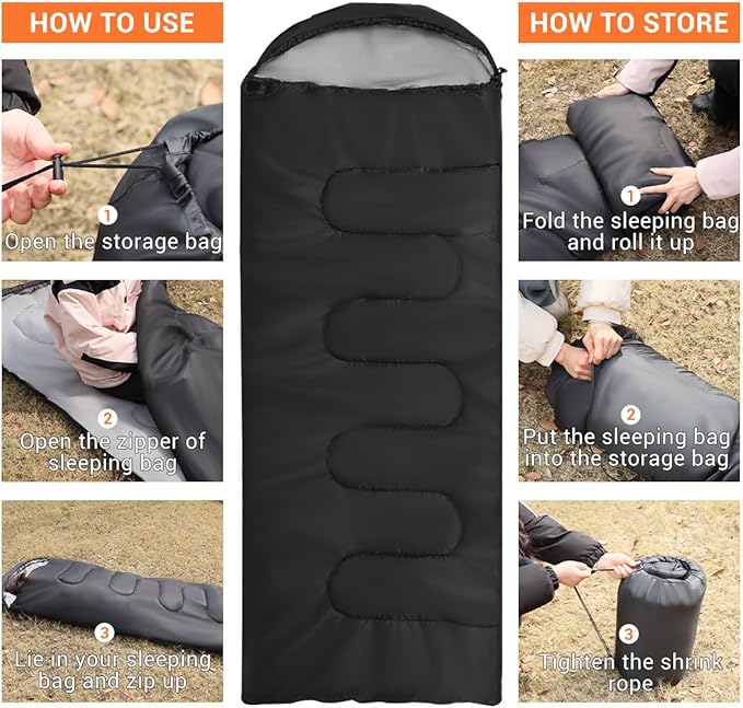 Sleeping Bags for Adults Backpacking Lightweight Waterproof- Cold Weather Sleeping Bag for Girls Boys Mens for Warm Camping Hiking Outdoor Travel Hunting with Compression Bags（Black