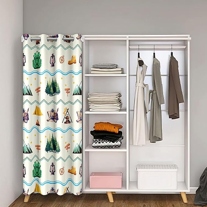 Happy Camping Adventure Door Curtain,Tent Bonfire Campfire Camper RV Blackout Curtain,Star Pine Tree Mountain Natural Bedroom Doorway Living Room Decor,Beige Privacy Door Drape 1 Panel,60" W X 80" L