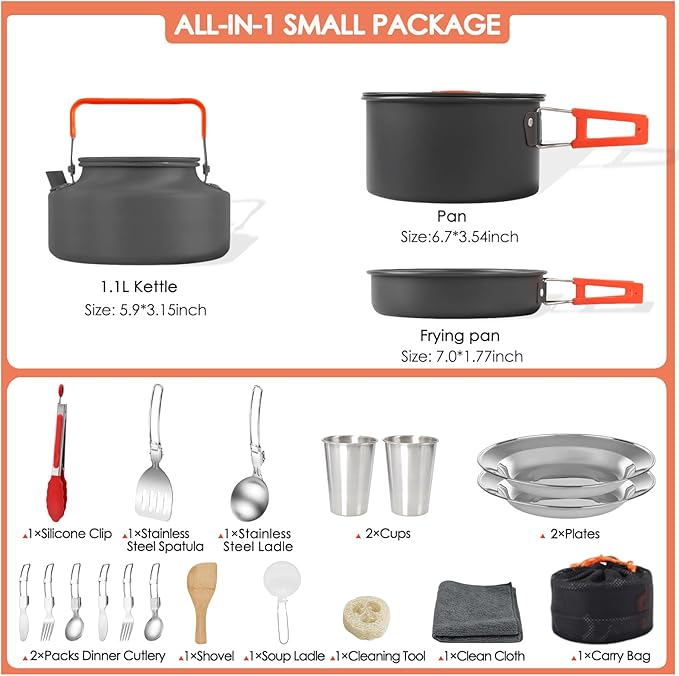 Camping Cookware Mess Kit, Non-Stick Lightweight Camping Pots and Pans with Kettle, Stainless Steel Cups Plates Forks Knives Spoons for Backpacking, Hiking, Outdoor Cooking