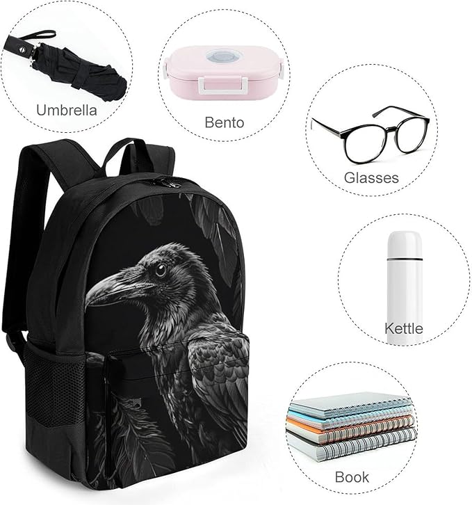 Men Women Polyester Black Crow Raven Bird Art Daypack Big Capacity Shoulder Bag With Adjustable Shoulder Straps for Camping Travel Walking Cycling
