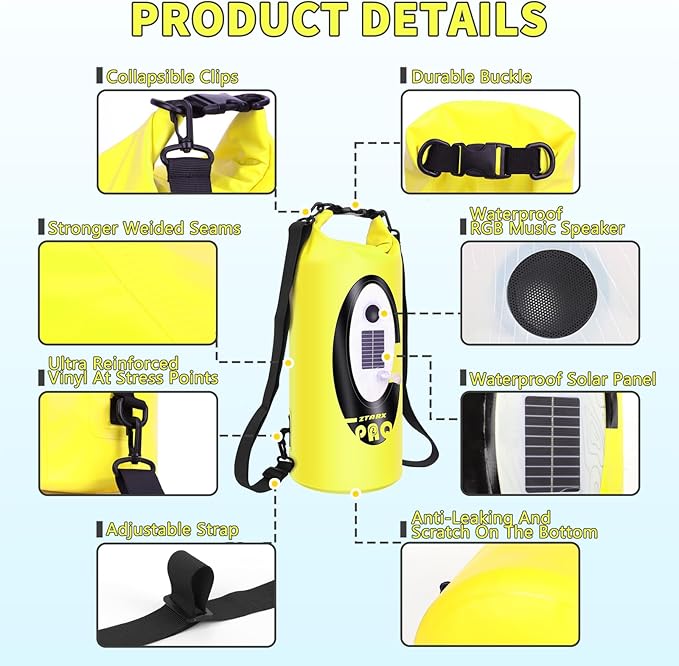 FELICON Solar/Battery Multi-Functional Backpack with Bluetooth Speaker,IP66 Waterproof Dry Bag,Heavy Duty Roll Top Closure,Large Capacity Bag for Camping,Hiking,Traveling (Neon Yellow 20L)