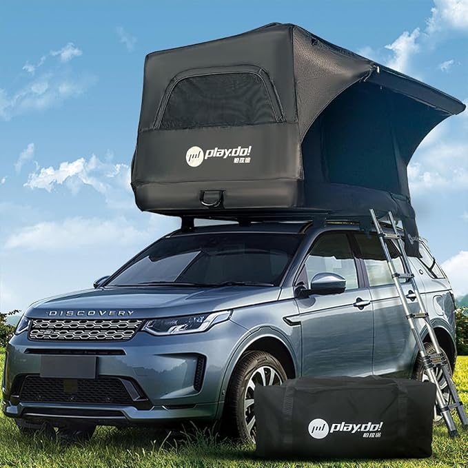 PlayDo Inflatable Rooftop Tent Easy Setup Camping Tent for The Roof of Sedans Pickup Blow Up Roof Top Tents SUV Truck Van Glamping Tent with Porch, Strip Light for 2-3 Person