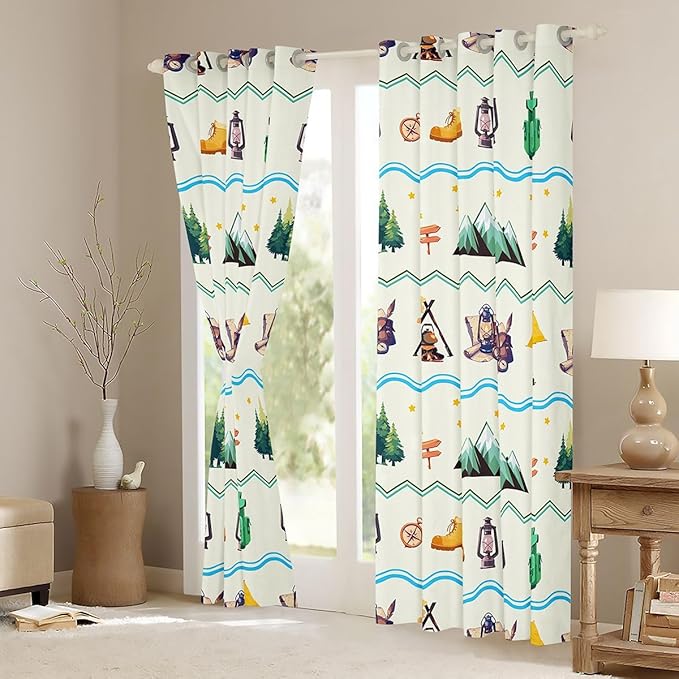 Happy Camping Adventure Blackout Curtains,Tent Bonfire Campfire Camper RV Window Drapes,Star Pine Tree Mountain Natural Nursery Bedroom Playroom Decor,Beige 2 Panels,42Wx84L inch