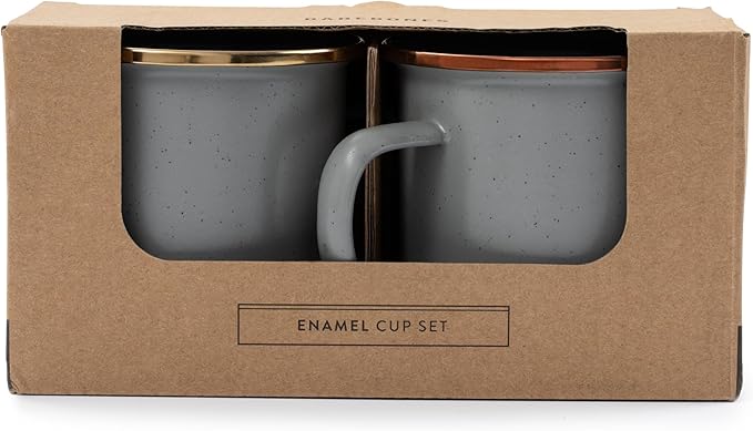Barebones Enamel Cup Set- Enamel Coffee Mugs Set of 2 16-oz - Stainless Steel Rim Camping Mug for Indoor and Outdoor Use (Slate Gray)