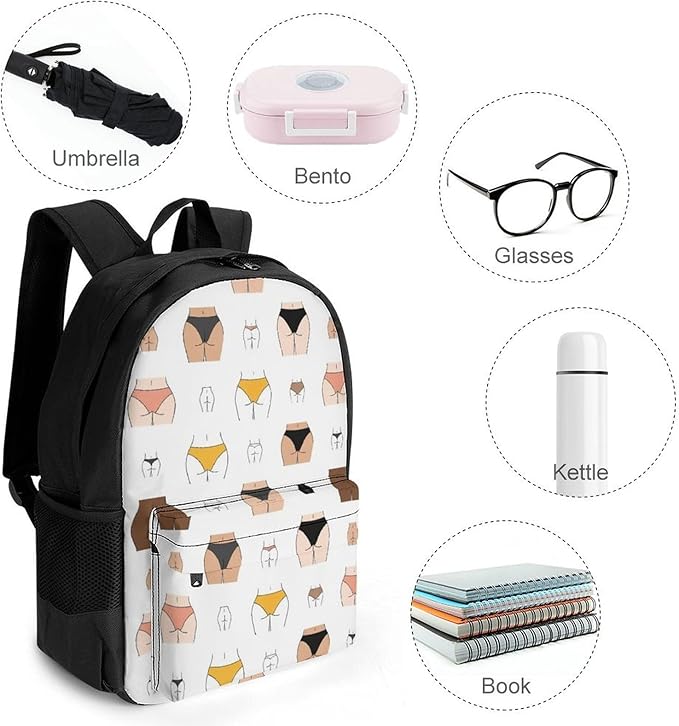 Daypack Anti-Theft Multipurpose Large Capacity Shoulder Bag, Naked Butt Yellow Black White Skintones Funny Travel Hiking Camping Rucksack With Smooth Zippers