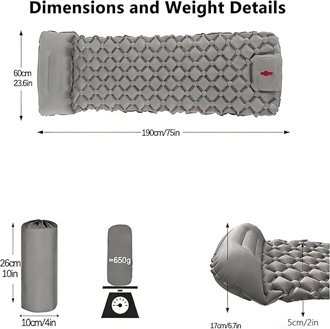 SNZ Camping Sleeping Pad, Ultralight Camping Mat with Pillow, Built-in Foot Pump Inflatable Sleeping Pads Compact for Backpacking, Tent, Travel, Outdoor Activities (Single)