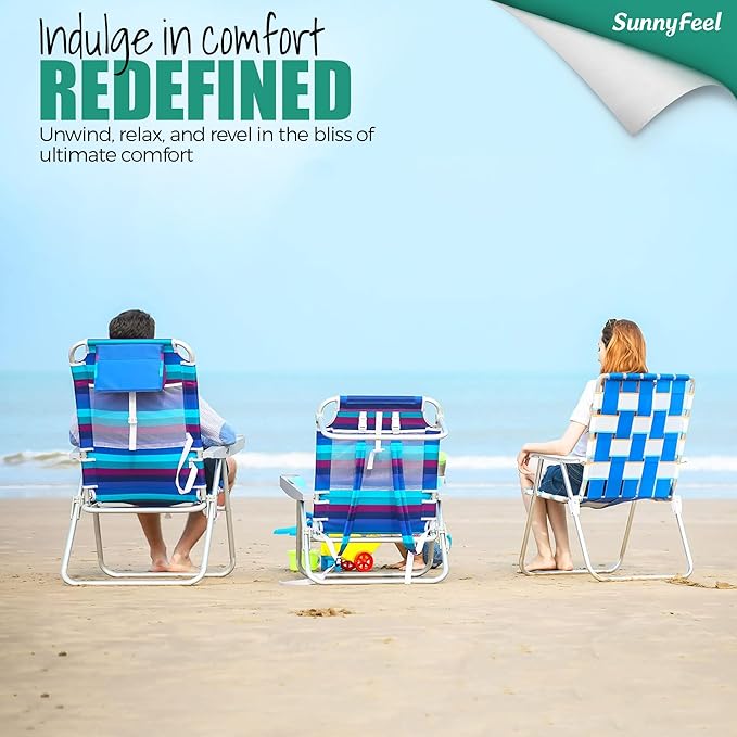 SUNNYFEEL Extra Wide 28" Low Beach Chair 2 Pack 5 Position Lay Flat, XL Oversized Portable Folding Camping Chairs with Cup Holder for Outdoor/Trip, Foldable Backpack Beach Chair for Adults