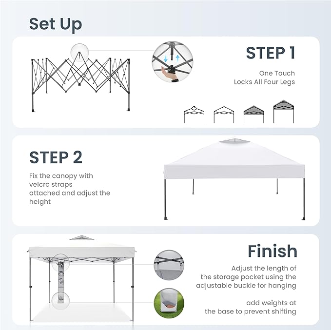 PHI VILLA 10’x10’ Pop Up Canopy Tent - One Push Setup, Instant Shade Tent with Vented Roof for Beach & Events - Includes Storage Bag, Sandbags, Stakes & Ropes (White)