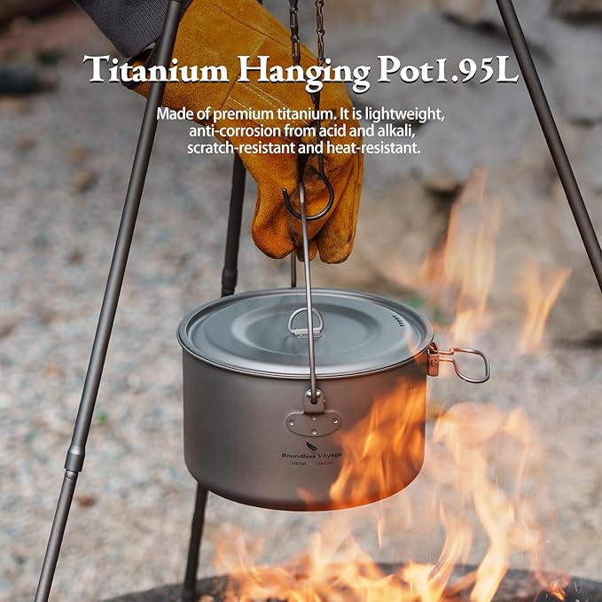 Boundless Voyage Titanium Hanging Pot for Outdoor Camping Backpacking Hiking Ultralight Portable Cooking Pot Camp Kitchen Cookware 1300ML/1950ML/2900ML