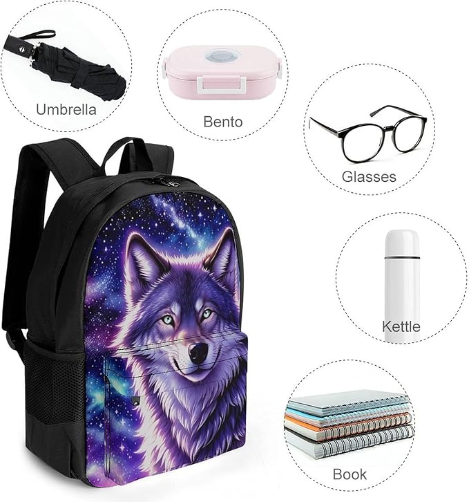 Supdreamc Daypack Backpack Anti-Theft Multipurpose Big Capacity Bookbag, Blue Universe Galaxy Magic Wolf In The Space Business Computer Bag With Side Pockets