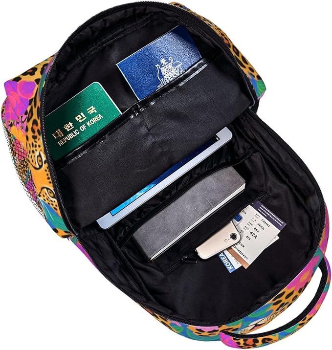 Men Women Polyester Red Floral Leopard Cheetah Art Daypack Big Capacity Shoulder Bag With Smooth Zippers for Hiking Work Walking Cycling