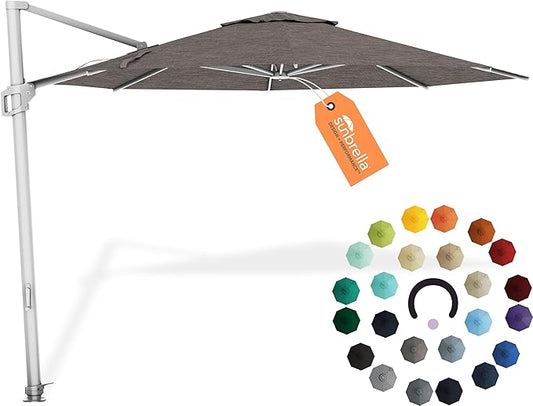 Midtown Umbrellas 10 Ft Outdoor Cantilever Patio Umbrella w/Sunbrella Cast Shale Fabric - 360° Rotate Offset Patio Umbrella, Deck Patio Umbrella, Backyard Umbrella & Garden Umbrella - Silver Frame