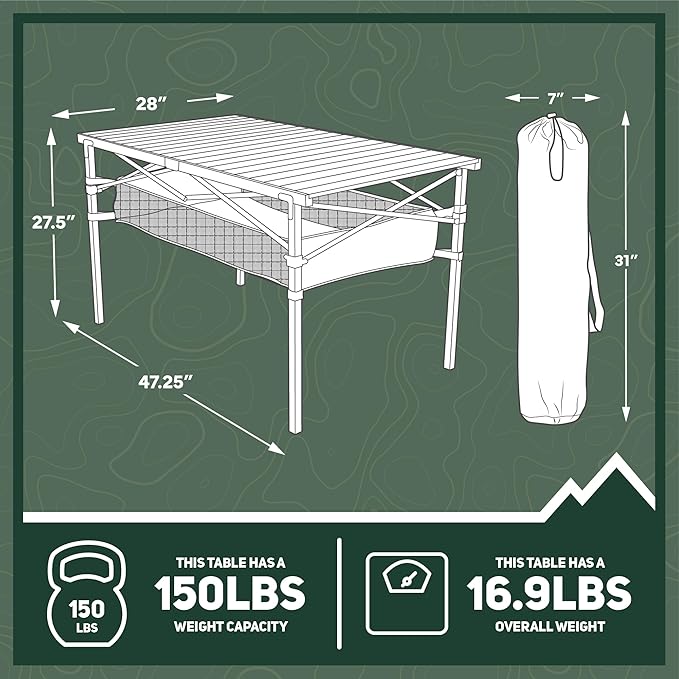 OUTSIDER Folding Camping Table, Portable Roll-up Outdoor Lightweight Aluminum Camp Table for Picnic BBQ Backyards Beach, Large Storage Mesh Pocket and Carrying Bag Included