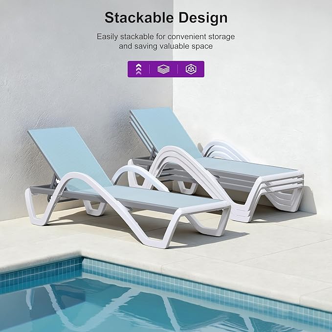 PURPLE LEAF Patio Chaise Lounge Chair Set of 3 Outside Aluminum Plastic Stackable Tanning Chairs with Armrests and Side Table for Pool Sunbathing Beach Deck Outdoor Lounger, Light Blue