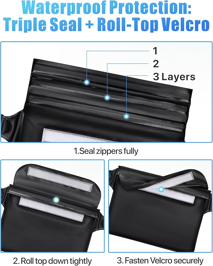 F-color Waterproof Fanny Pack - Cruise Essentials 2026 - Waterproof Pouch with Adjustable Waist Strap, Triple Zipper Roll-Top Dry Bag for Phone, Keep Passport Valuables Dry for Beach Kayaking Boating