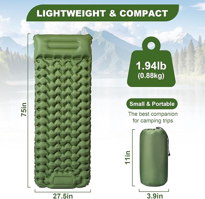Ultralight Air Pad: 1.9lbs Camping Mattress with Pillow & Foot Pump - 4" Thick with One-Second Deflation for Easy Backpacking