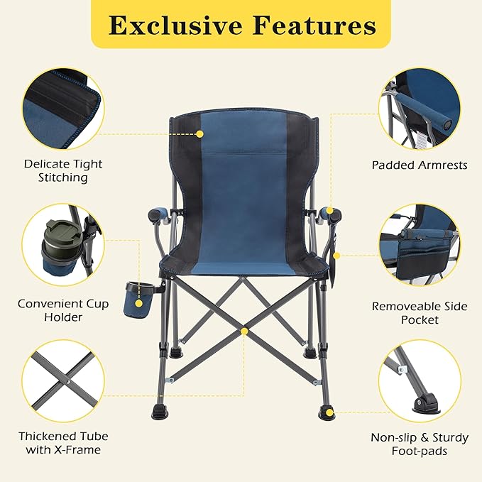 Fishing Chair Camping Chairs Foldable Lawn Beach Portable Campact Chair with Side Pockets and Cup Holder for Adults