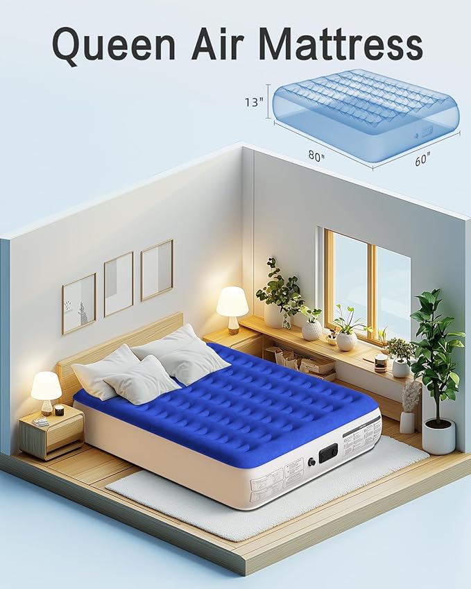 Queen Air Mattress with Built in Pump Luxurious Comfort Raised Inflatable Mattress Queen Airbed Blow Up Mattress for Home and Guests Air Bed 2 Mins Fast Inflate/Deflate 660 lbs Max
