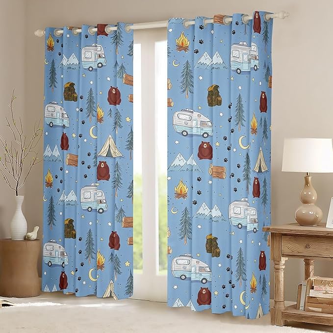 Cartoon Tents Camp Camper Window Curtain | Camping Picnic Blackout Curtain for Women Bedroom Decor,Woodland Bear Curtains Snow Mountain Living Room Top 2 Panels,52Wx90L