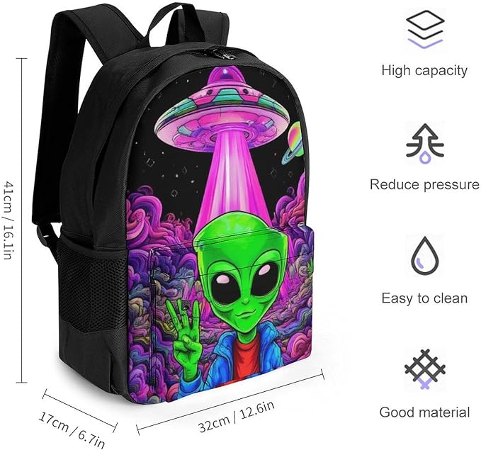 Backpack Polyester Multipurpose Anti-Theft Trippy Space Alien Marijuanaweed Art Shoulder Bag Big Capacity Gym Outdoor Hiking Backpack With Padded Straps