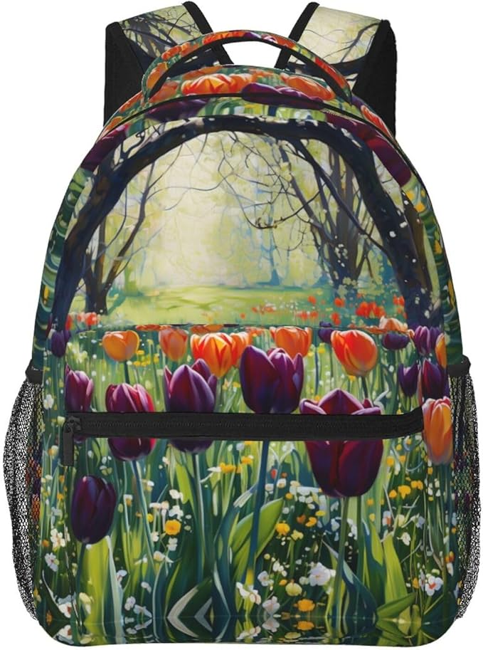 Daypack Anti-Theft Multipurpose Large Capacity Shoulder Bag, Colorful Sea Of Tulips Art Travel Hiking Camping Rucksack With Smooth Zippers