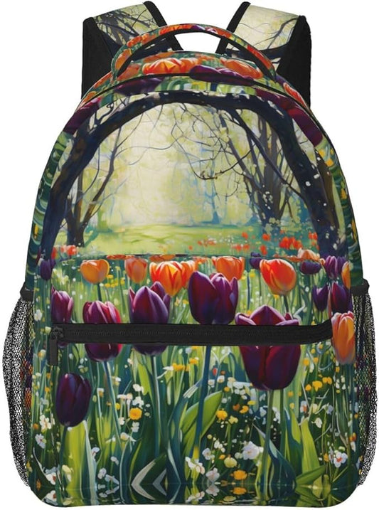 Daypack Anti-Theft Multipurpose Large Capacity Shoulder Bag, Colorful Sea Of Tulips Art Travel Hiking Camping Rucksack With Smooth Zippers