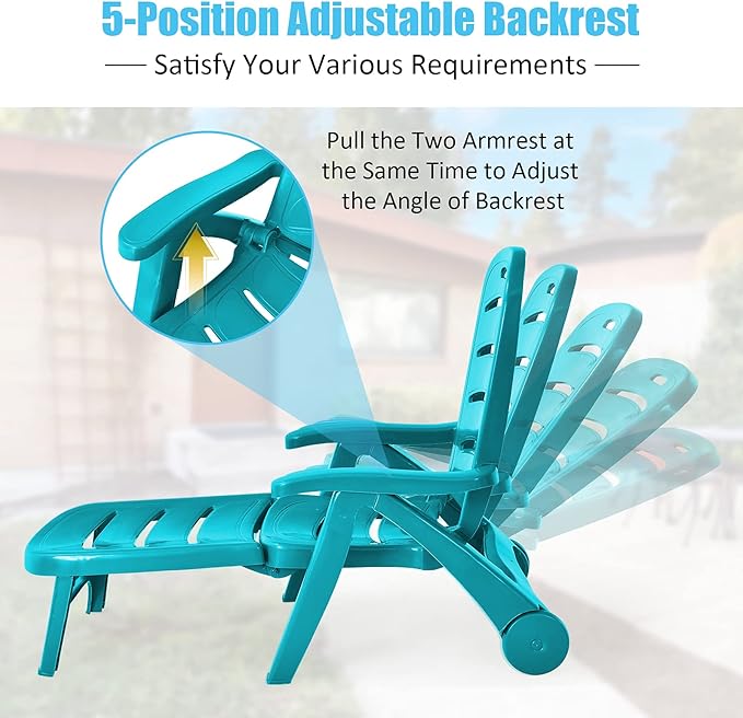 Tangkula Outdoor Chaise Lounge Chair, Adjustable 5-Position Recliner Chair with Built-in Wheels, Weather-Resistance Folding Lounge for Patio, Backyard, Poolside and Beach (2, Turquoise)