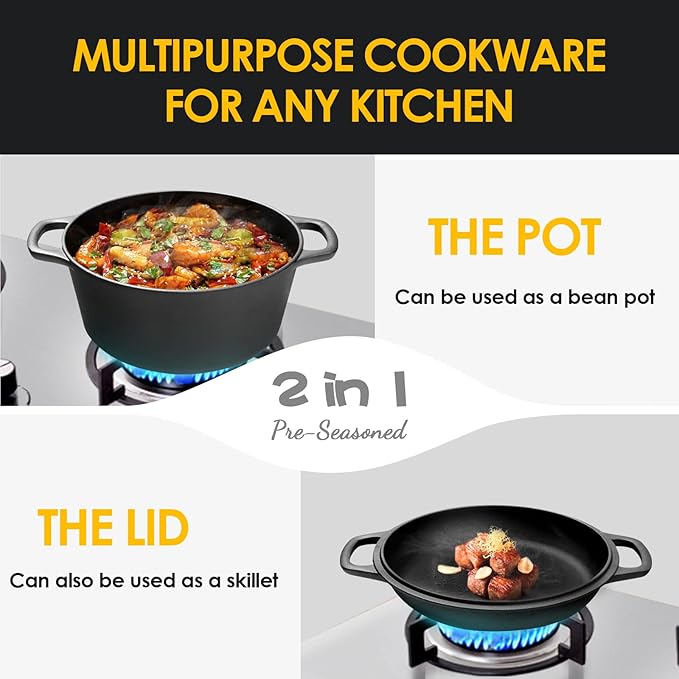 2-in-1 Pre-Seasoned Cast Iron Dutch Oven Pot with Skillet Lid Cooking Pan, Cast Iron Skillet Cookware Pan Set with Dual Handles Indoor Outdoor for Bread, Frying, Baking, Camping, BBQ, 5QT